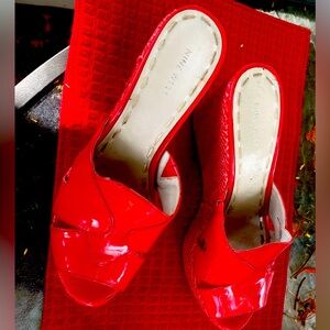 Nine West Red Patent Wedge Sandal with Woven Wedge